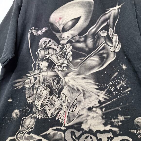 Vintage 1997 Sojo Liquid Blue Fijak T-shirt L Alien Attack Motorcycle Biker UFO - Picture 3 of 7
